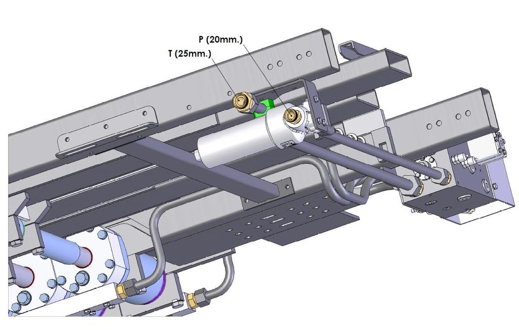 AANSLUITEN HYDRAULIEK Het Cargo Floor systeem wordt standaard voorzien van een voorgemonteerd persfilter aan de voorbrug, zie fig. 10. Er is een hydraulische persleiding (20 x 2 mm.