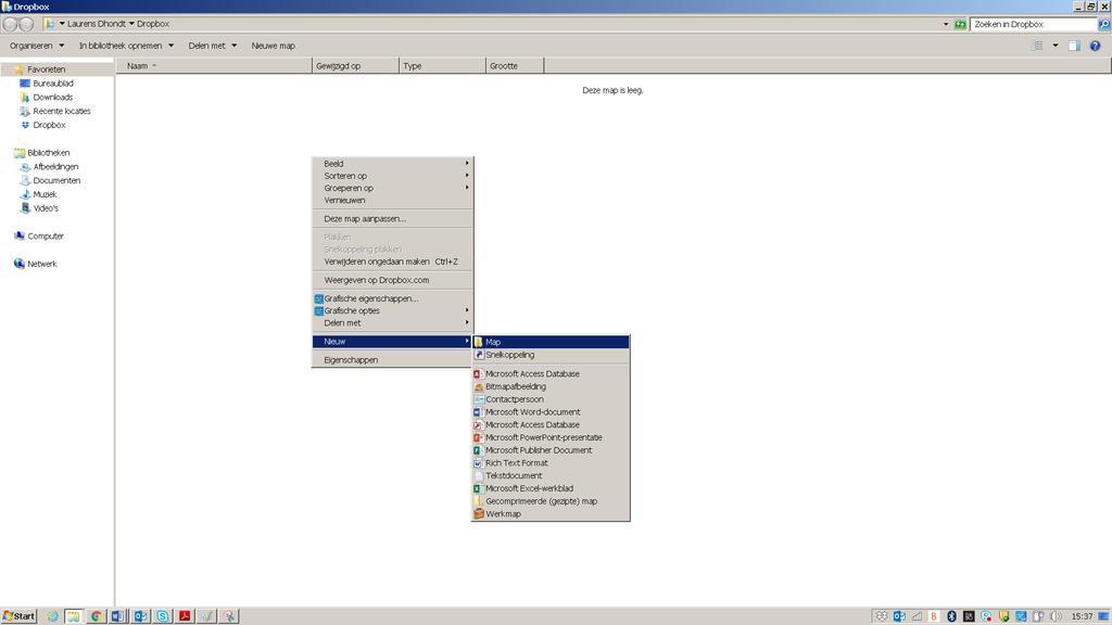 Een nieuwe map kan u maken door, in de map van Dropbox die u geopend hebt, op de rechtermuisknop te klikken en naar de optie Nieuw te gaan met de cursor.