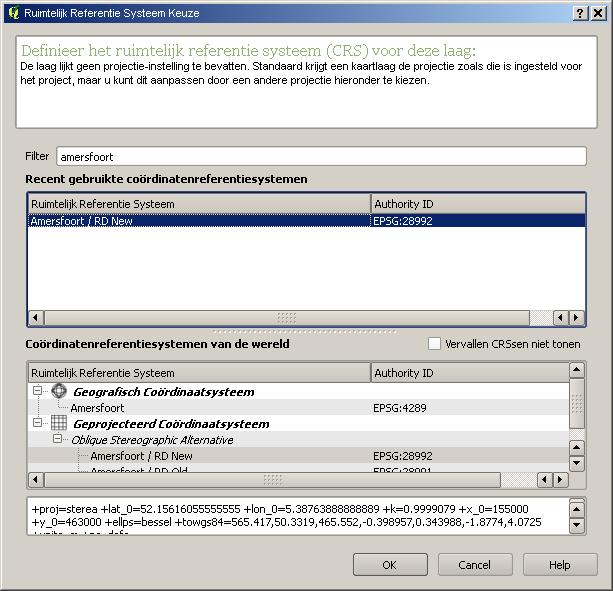 vervolgens het juiste coordinatenstelsel aan. 1. Klik op: Geef het CRS en typ in het Filter: Amersfoort.