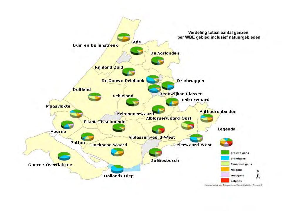 Figuur 3.1 De verhouding en verdeling van aantallen en soorten ganzen in de telgebieden van Zuid-Holland.