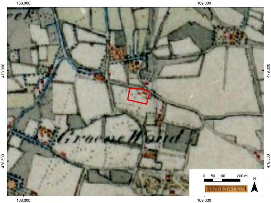 Op de kaart uit 1830-1850 (Fig. 2.4) is het plangebied in gebruik als bouwland en is binnen het plangebied bebouwing aanwezig.