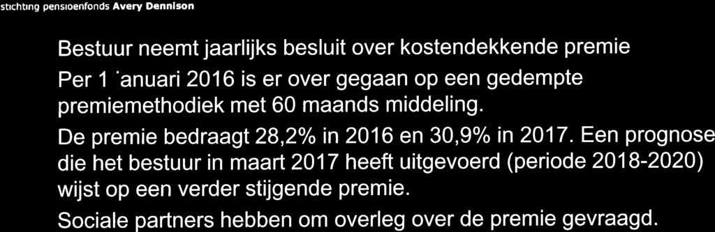 AVERY ()DENNISON stichting pensioentonds Avery Dennison Bestuur neemt jaarlijks besluit over kostendekkende premie Per 1 januari 216 is er over gegaan op een gedempte premiemethodiek met 6 maands