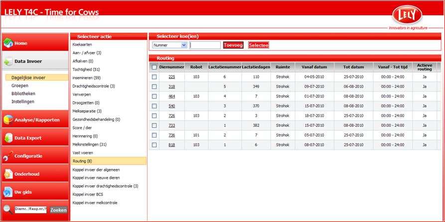 1 Een individuele handmatige routing instellen 1. Navigatie: Data invoer 2. Menu: Dagelijkse invoer 3. Selecteer in het Actie veld : Routing 4.