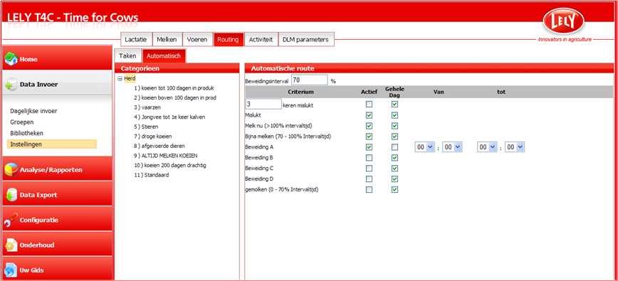 6.7.3 Een automatische dierrouting instellen 1. Navigatie: Data invoer 2. Menu: Instellingen 3. Submenu: Routing 4. Tab: Automatisch 5. Open het tabblad Automatisch 6.