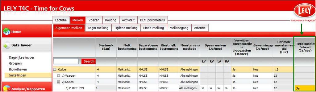 6.1 Resetten Tepel posities Reset tepel posities Op dierniveau kunnen de tepel posities ge-reset worden.