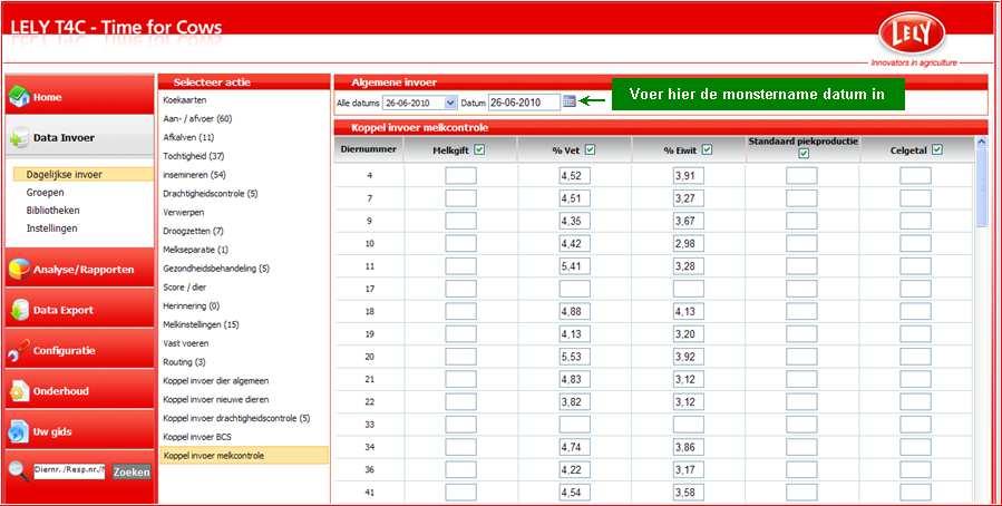 6.19 Koppel invoer Melkcontrole Via de actielijst Koppel Melkcontrole kunnen snel en eenvoudig melkgift, %vet, % eiwit, standaard piekproductie en celgetal ingevoerd worden Invoer Melkcontrole