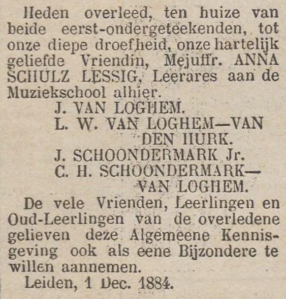 Anna wordt op 5 december de begraafplaats Groenesteeg begraven in zandgraf 411, dat eigendom is van Arnoldus van der Hurk, de schoonvader van Jacobus van Loghem.