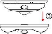 Grijp de opening aan de zijkant van het deksel vast en trek het deksel en de voet uit elkaar om de camera (3) te openen.