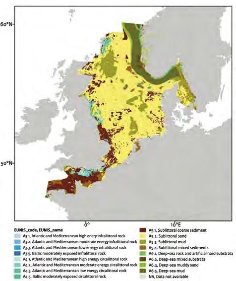 Overzicht van de visserijdruk en impactindicatoren voor alle mobiele bodemberoerende vistuigen per EUNIS-habitattype in de Internationale Noordzee in 2015 (enkel voor de 0-200 meter-dieptezone).
