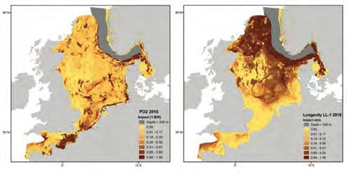 De populatiedynamicamethode (PD2) brengt aan het licht dat de impact van bodemberoerend vistuig het grootst is (in dit voorbeeld > 0,84) op de hellingen van de Noorse trog in het Skagerak en de