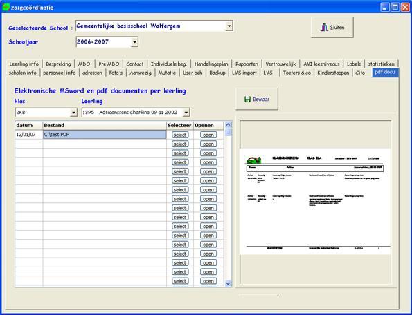 2.22 PDF documenten Hier kan een koppeling gemaakt worden tussen een leerling en bewaarde elektronische documenten.