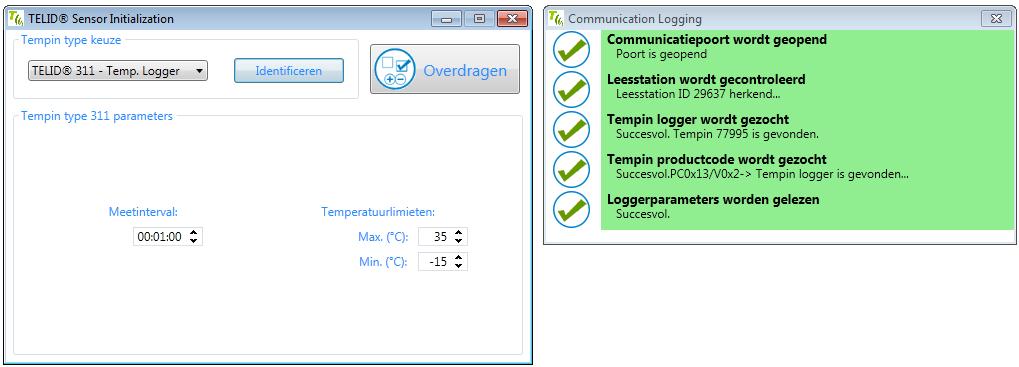 Logger parameters initialiseren Het volgende scherm verschijnt Dmv de knop identificeren kunt u het type en de gegevens van de logger, op