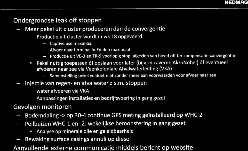 Hoe verder op de korte en middellange termijn NE DL 13 u Ondergrondse leak off stoppen Meer pekel uit cluster produceren dan de convergentie Productie uit cluster wordt in wk 18 opgevoerd Captive use