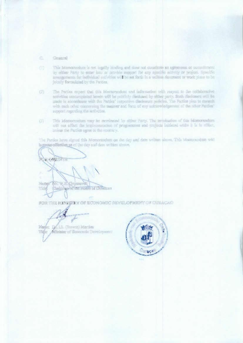 l C. Gene ml (I) This Memorandum is not legally binding and docs not constitute an agreement or commitment by either Party to enter into or provide support for any specific activity or project.