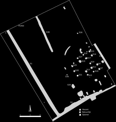 HetarcheologischonderzoekaandeHeihoekwegteBoortmeerbeek Fig.3.3:Allesporenplan. Hetbetrefteenplattegrondmetrechtestaanderrijenenrechtelangewanden(fig.3.4enfig.3.5).