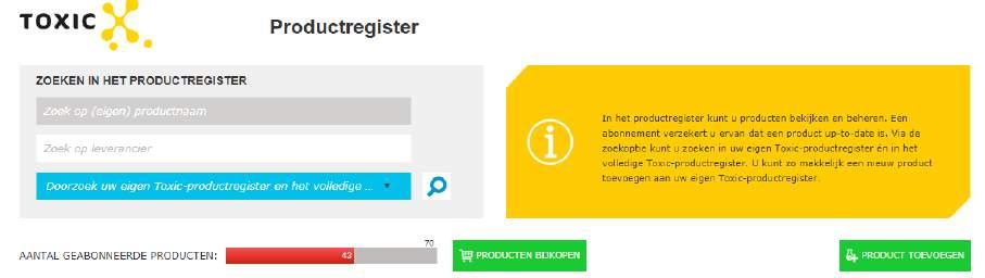 3.4 Product toevoegen 3.4.1 Een product door Toxic laten toevoegen Indien uw stof NIET in het register staat, kunt u deze toevoegen door op de knop product toevoegen te klikken.