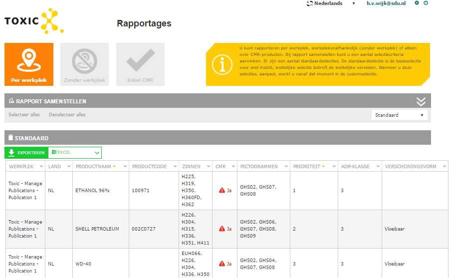 6.2 Rapportages exporteren 6.2.1 Exporteren naar Excel U kunt uw rapportage exporteren naar Excel door op de groene knop Exporteren naar Excel te klikken.