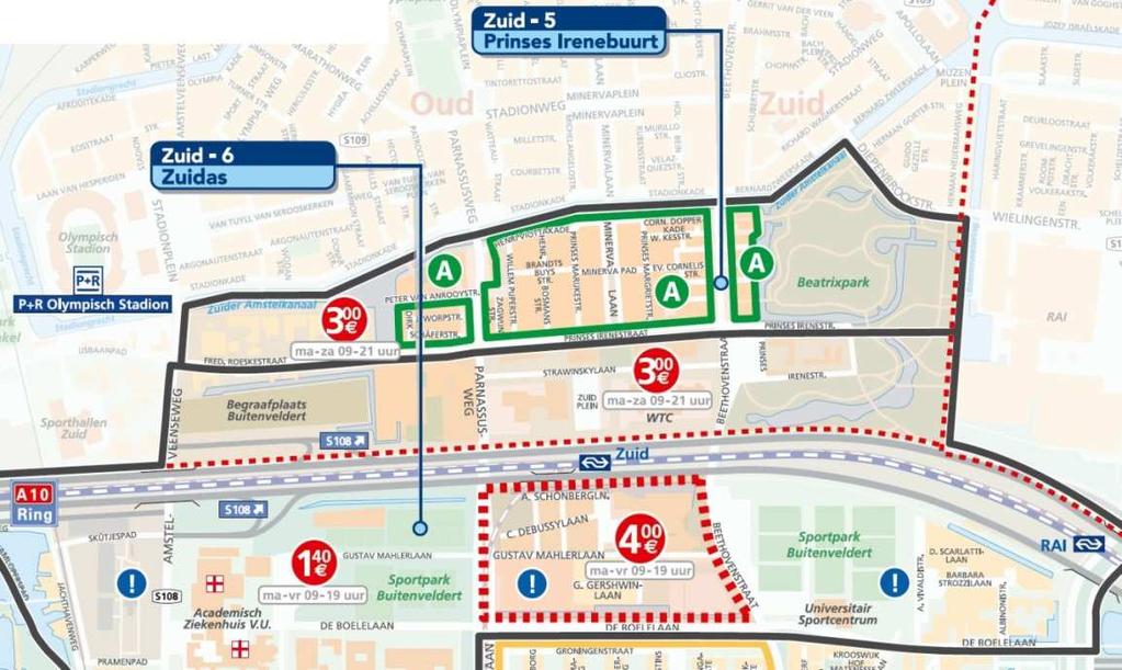 Figuur 4: plattegrond en ligging experimentgebied (groen omrand) Prinses Irenebuurt.