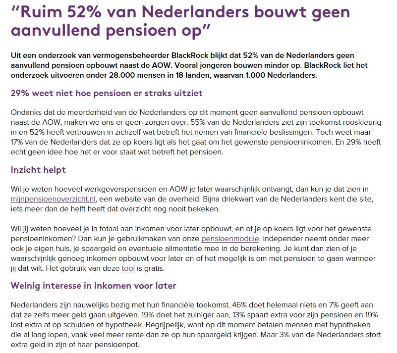 Kosten van pensioen Hoeveel % van de Nederlanders bouwt
