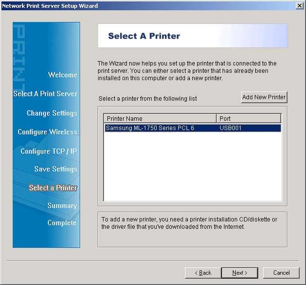 6. In de installatie-wizard, selecteer een reeds geconfigureerde printserver uit de lijst, klik op Next, Next en vervolgens Finish om de installatie te