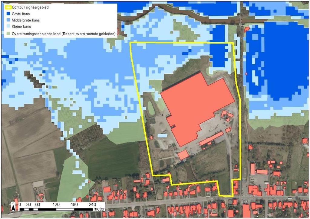 Figuur: De blauwe contouren geven de huidige overstromingskans weer. Hoe donkerder blauw, hoe groter de overstromingskans.