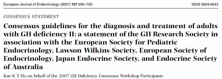 2007 ITT and glucagons test: a peak GH< 3 µg/l (=9 mu/l) GHRH/arginine: BMI <25 kg/m2: a peak GH<11 µg/l (=33 mu/l) BMI 25 30 kg/m2: a peak GH<8 µg/l BMI >30