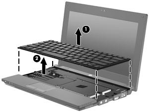 9. Til de bovenkant van het toetsenbord omhoog (1) en verwijder het toetsenbord van de computer (2) om de vaste schijf bloot te leggen. 10. Verwijder de twee schroeven van de vaste schijf (1). 11.