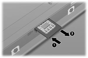 5. Leg de computer ondersteboven op een vlakke ondergrond. 6. Verwijder de accu. 7. Druk de SIM-kaart iets naar binnen (1) en verwijder deze vervolgens uit het slot (2). 8.