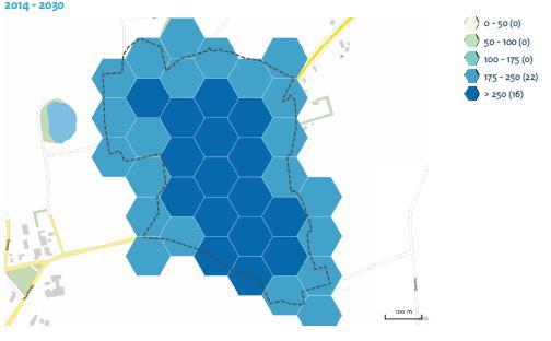 30 (1 hexagon = 1ha) 30 Figuur 2-3a Daling depositie 14-30 Figuur 2-3b Afstand tot KDW De afname van stikstofdepositie in het gehele gebied is weergegeven in