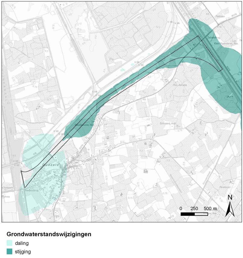 Figuur 42: Grondwaterstandswijzigingen aansluitingsvariant A (bron: Digitale versie van topografische kaart 1/10.