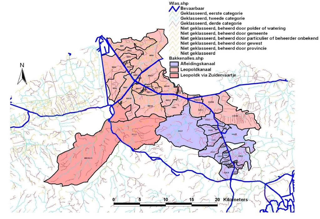 km Figuur 12: Afbakening deelstroomgebieden (Leopoldkanaal, westelijk deel rood; Afleidingskanaal blauw) Het betreft bakkenmodellen.