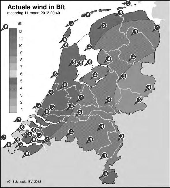 Wind mee, wind tegen Op de site buienradar.nl kun je verschillende weerkaarten bekijken. De kaarten bevatten actuele weergegevens zoals temperatuur, windkracht en windrichting.