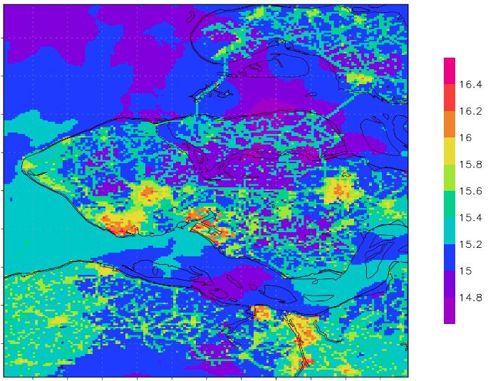 Het stedelijk hitte eiland effect is wel zichtbaar in de gegevens maar is minder sterk aanwezig dan in de Klimaateffectatlas kaart.