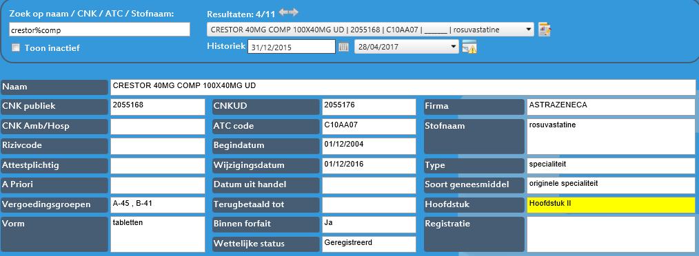 Het is echter ook mogelijk om Toon inactief aan te vinken, zodat eveneens geneesmiddelen met een einddatum getoond worden in de selectie.