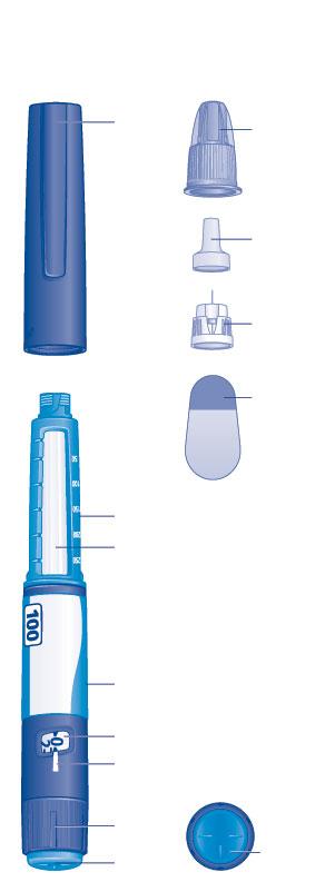 Ryzodeg voorgevulde pen en naald (voorbeeld) (FlexTouch) pendop buitenste naaldkapje binnenste naalddopje naald insulineschaal insulinevenster