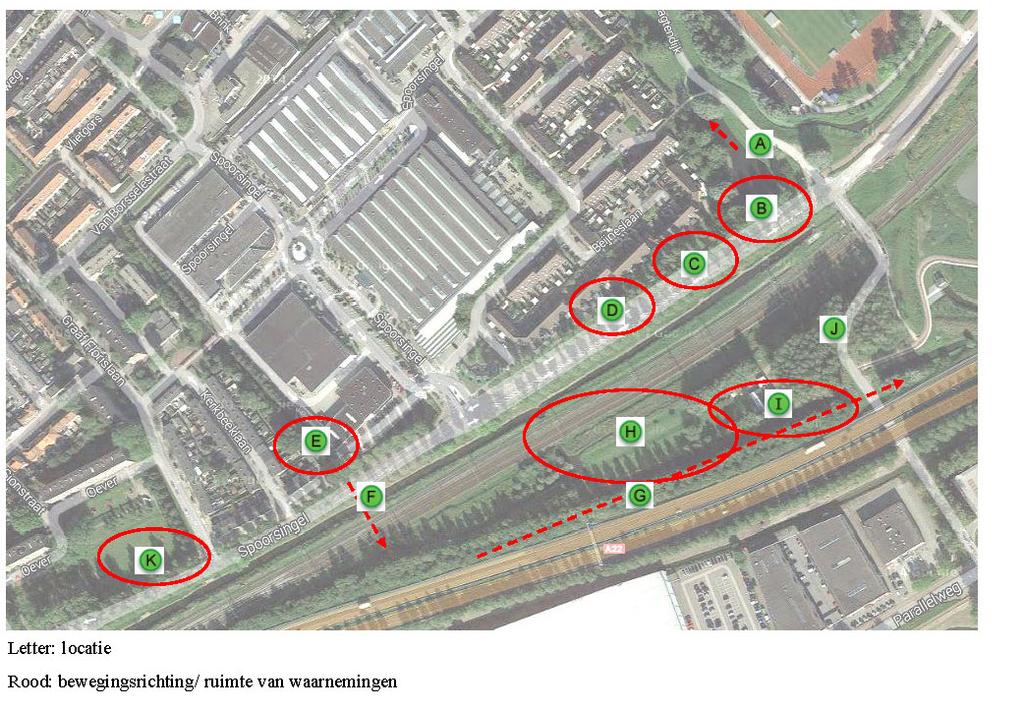 Figuur 3: overzichtskaart waarnemingen bij tabel 6 (1 e bezoek op 11-07-2014) Tabel 6: overzicht waarnemingen bij figuur 3 (1 e bezoek op 11-07-2014) Deellocatie Soort Aantal Gedrag Richting A