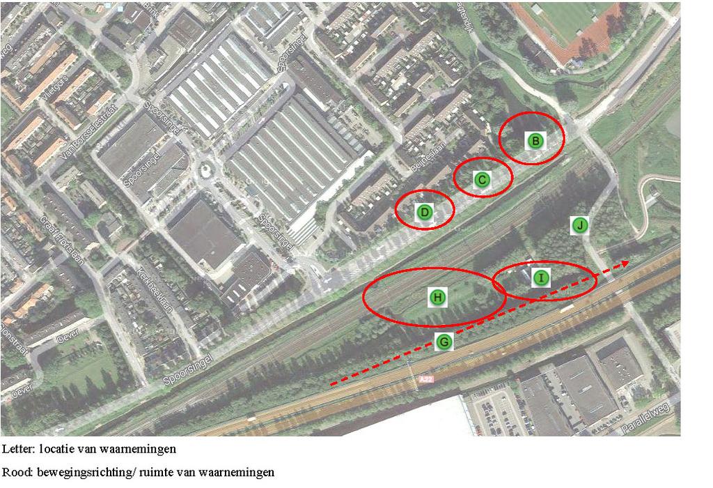 Figuur 4: overzichtskaart waarnemingen bij tabel 7 (2 e bezoek op 14-08-2014) Tabel 7: overzicht waarnemingen bij figuur 4 (2 e bezoek op 14-08-2014) Deellocatie Soort Aantal Gedrag Richting B gewone