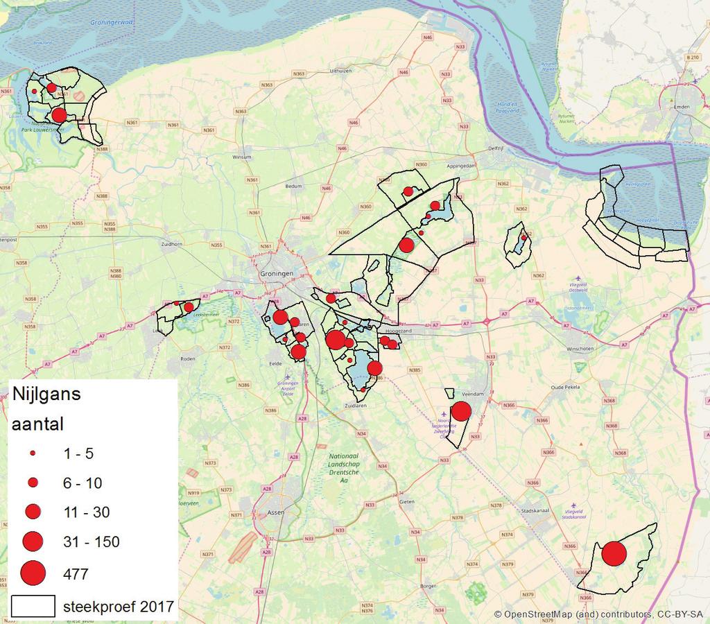 Sovon-rapport 2017/48 Figuur 7. Verspreiding van de Nijlgans in monitoringgebieden in de provincie Groningen in juli 2017. 3.6.