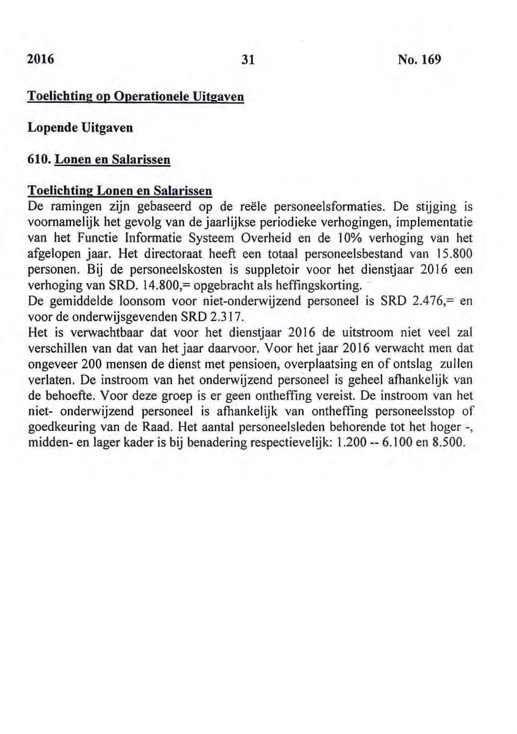 2016 31 No. 169 Toelichting op Operationele Uitgaven Lopende Uitgaven 610. Lonen en Salarissen Toelichting Lonen en Salarissen De ramingen zijn gebaseerd op de rele personeelsformaties.