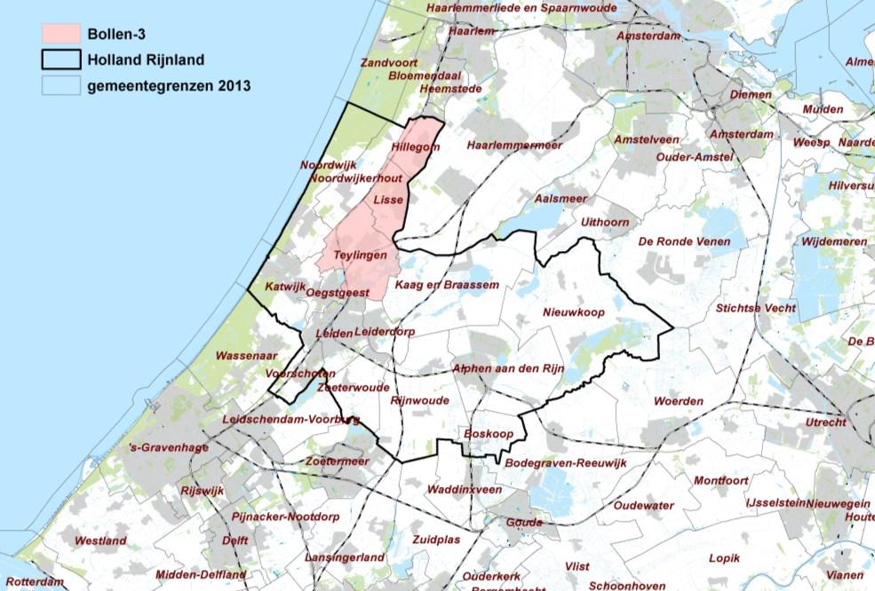 2 SCHETS VAN DE BOLLEN-3 De gemeenten Hillegom, Lisse en Teylingen, samen de Bollen-3, maken onderdeel uit van de grotere regio Holland Rijnland (figuur 2-1).