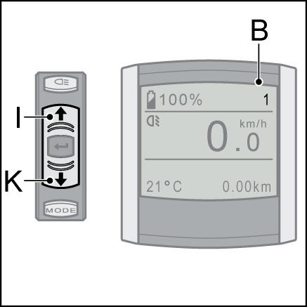 2.5 Ondersteuning instellen Druk op de knop omhoog (I) of omlaag (K) om de ondersteuning (B) in te stellen. U heeft de keuze uit drie standen: 1 ECO 2 NORMAL 3 POWER 2.