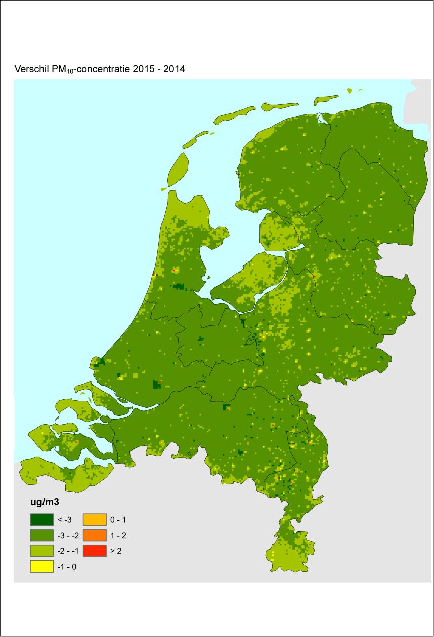 GCN kaart PM10 2015 Verschil 2014 2015 Groen = daling