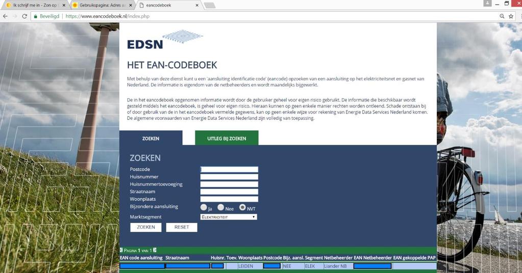 Scroll naar beneden. Hier vind je twee EAN-codes. Let op! Er worden dus twee EAN-codes opgegeven. Kies de EAN code aansluiting. Neem deze over op de pagina van Zon op Nederland.