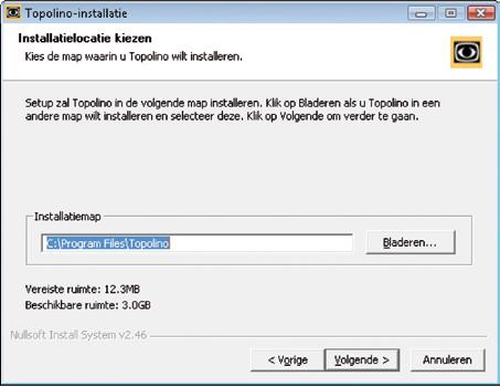 In het volgende venster moet een map worden aangemaakt, waarin de software wordt geïnstalleerd. Standaard wordt de map C:\program files\topolino aangemaakt.