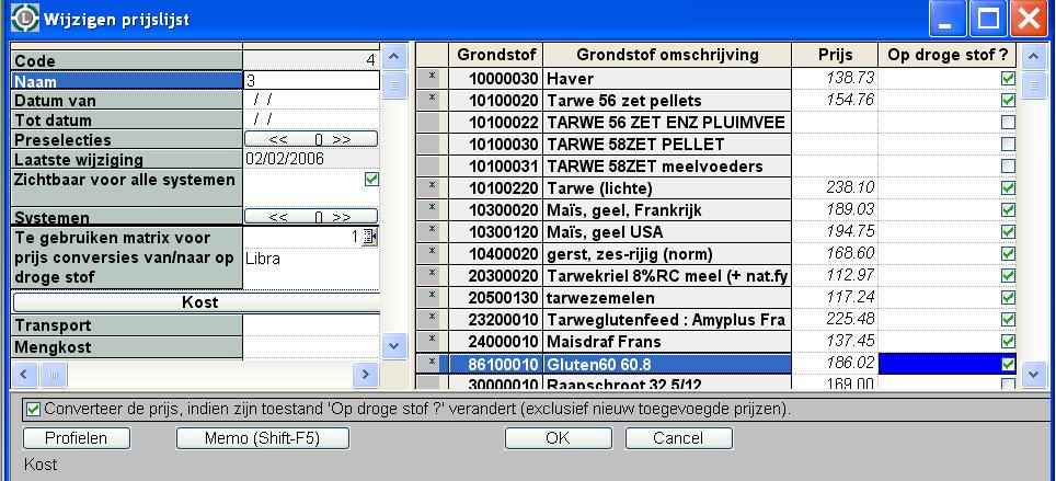 De optie converteer de prijs, indien. kan men ook tijdens het wijzigen van een prijslijst aan- of uitzetten.