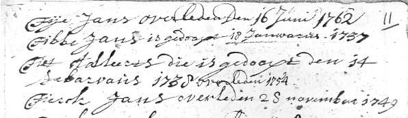 Loltje Gaukes overleden 4 december 1758. Uit hun zoon Teye komt Joop Atsma voort. Uit hun zoon Tjerk, Mattie Hoeksma 1. Teye Jans * 1702. 16-06-1762 x Jeltje Tjerks *r.1699. r.1736 2.