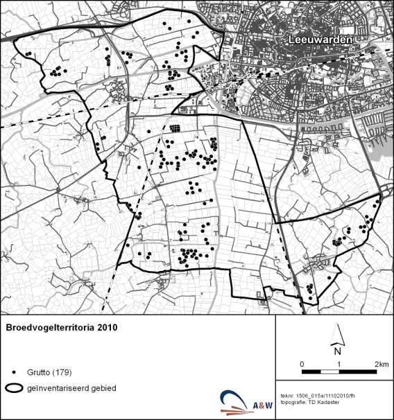 A&W-rapport 1718. Adres onbekend 11 Figuur 2-3. Verspreiding van de Grutto in een groot deel van het studiegebied Leeuwarden in 2010. Uit Koopman et al. (2011).