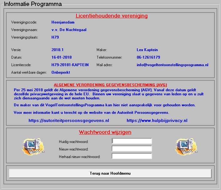 Info / Wachtwoord In dit scherm ziet u voor welke vereniging dit programma gemaakt is en met welke versie dat u werkt, de datum van gereed maken en opsturen via Wetransfer, CD-Rom of USB-stick, wat