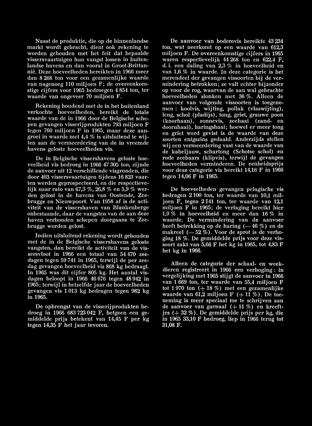 Deze hoeveelheden bereikten in 1966 meer dan 8 268 ton voor een gezam enlijke waarde van nagenoeg 110 m iljo en F; de overeenkom stige cijfers voor 1965 bedroegen 4 854 ton, ter w aarde van ongeveer