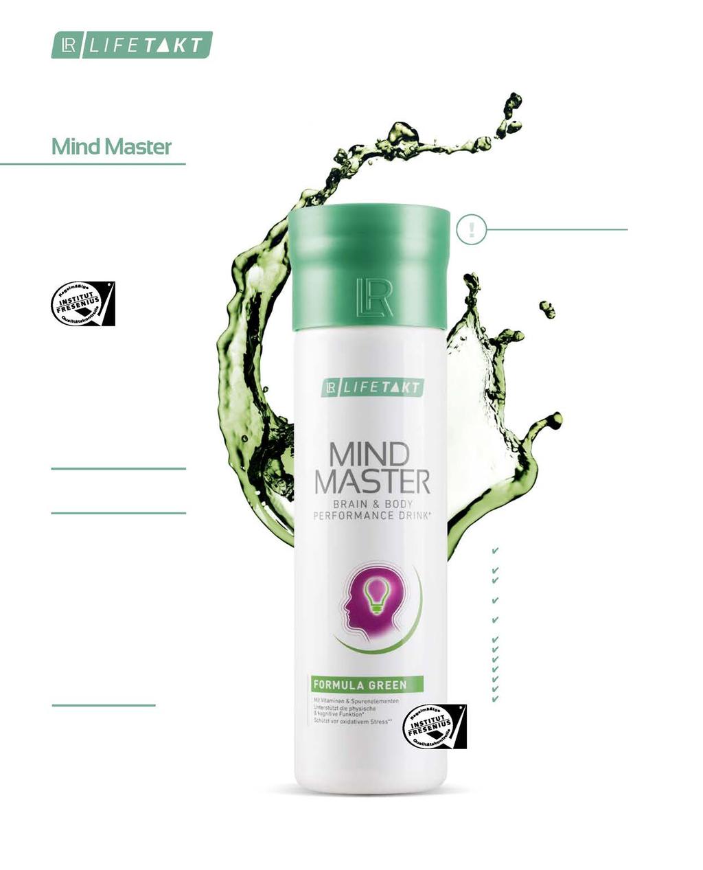 50 De Mind Master Brain & Body Performance Drink ondersteunt lichaam en geest bij oxidatieve stress 1. Mind Master bevat speciaal op elkaar afgestemde microvoedingsstoffen met belangrijke functies.